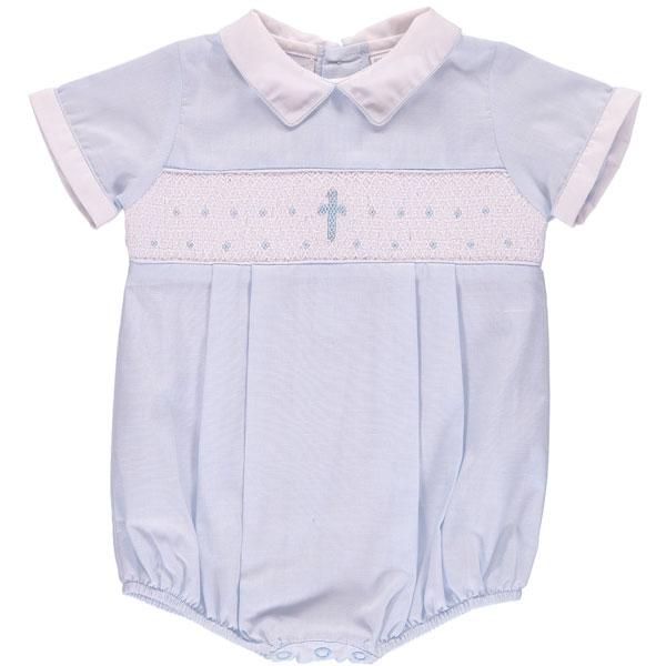 Carriage Boutique Hand Smocked Christening Baptism Blue Cross